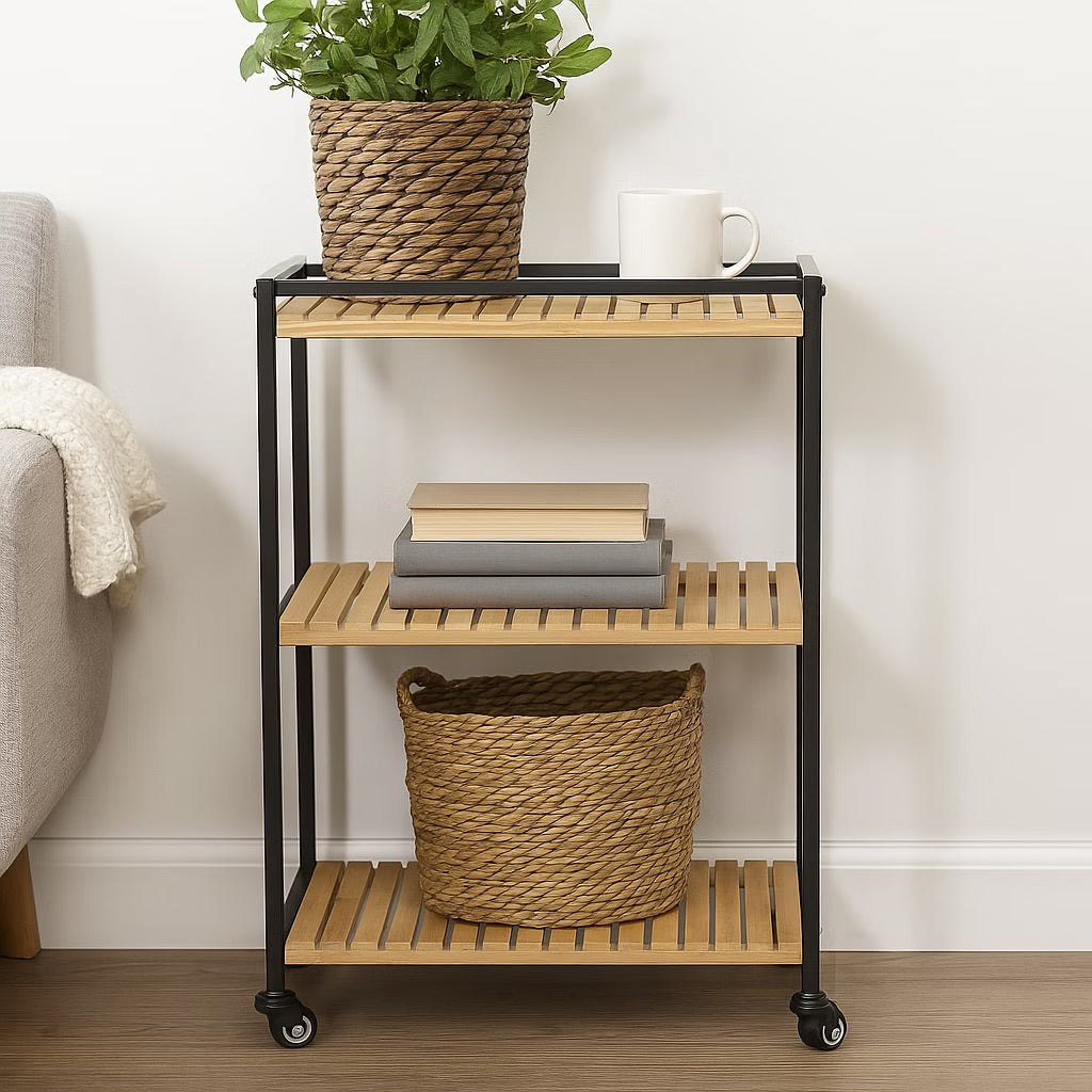 3-Tier Multipurpose Bamboo Trolley, 47x33x77cm, Natural Finish