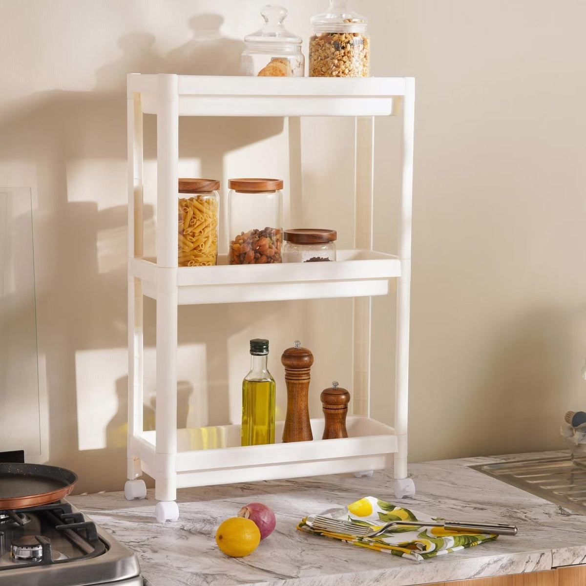 3-Tier Narrow Kitchen Storage Rack with Wheels, White