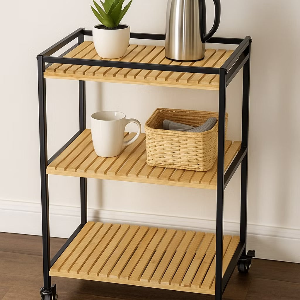 3-Tier Multipurpose Bamboo Trolley, 47x33x77cm, Natural Finish