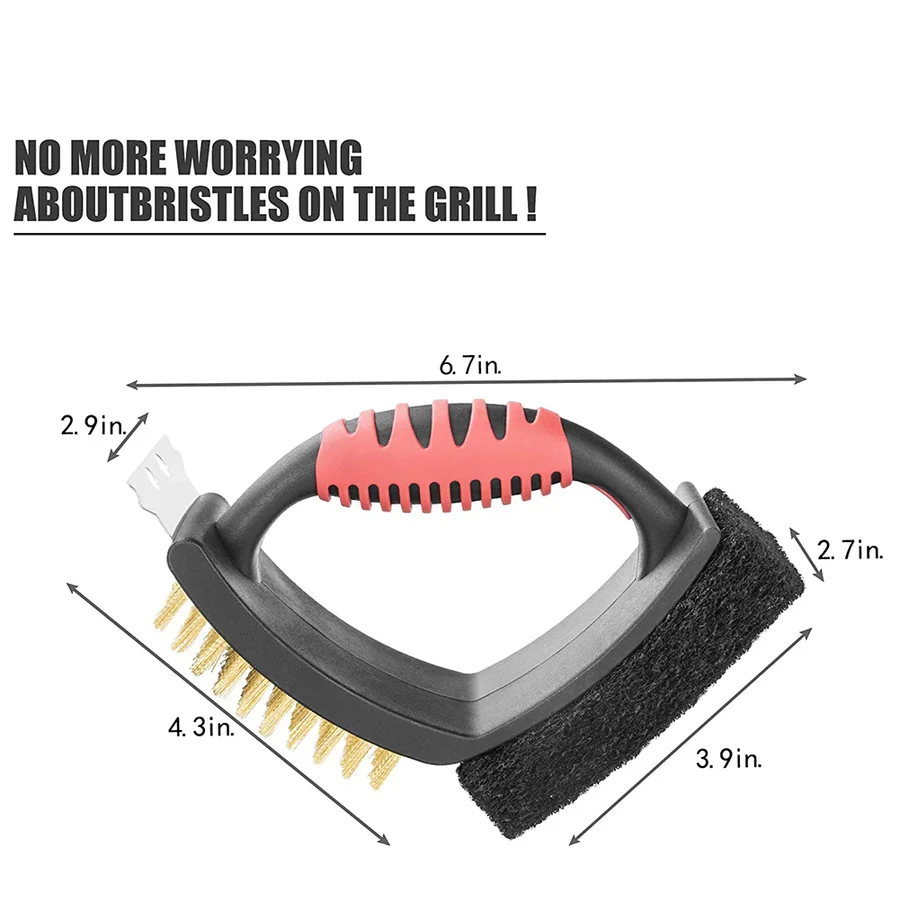 3 in 1 Grill Brush with Brass Bristles and Scraper