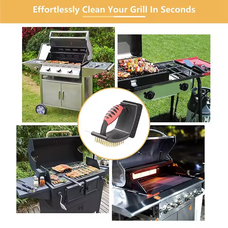 3 in 1 Grill Brush with Brass Bristles and Scraper