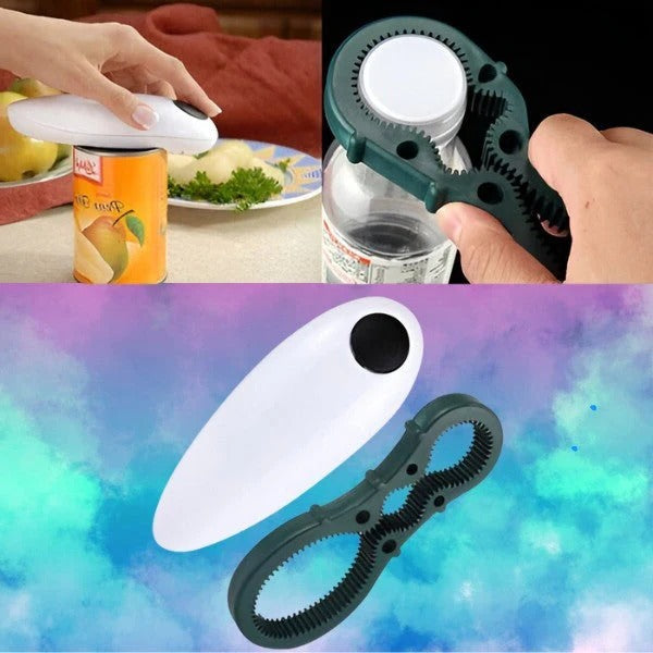Hands-Free Electric Can Opener with Built-In Bottle Opener