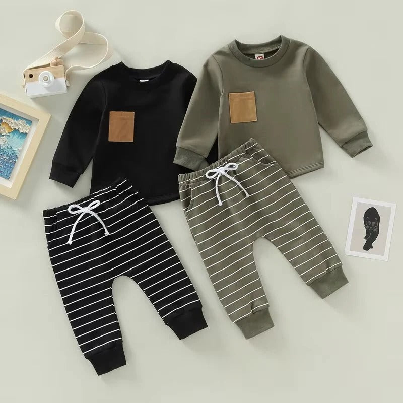 Toddler Boys Fall Outfit Pullover and Striped Pants, Set of 2