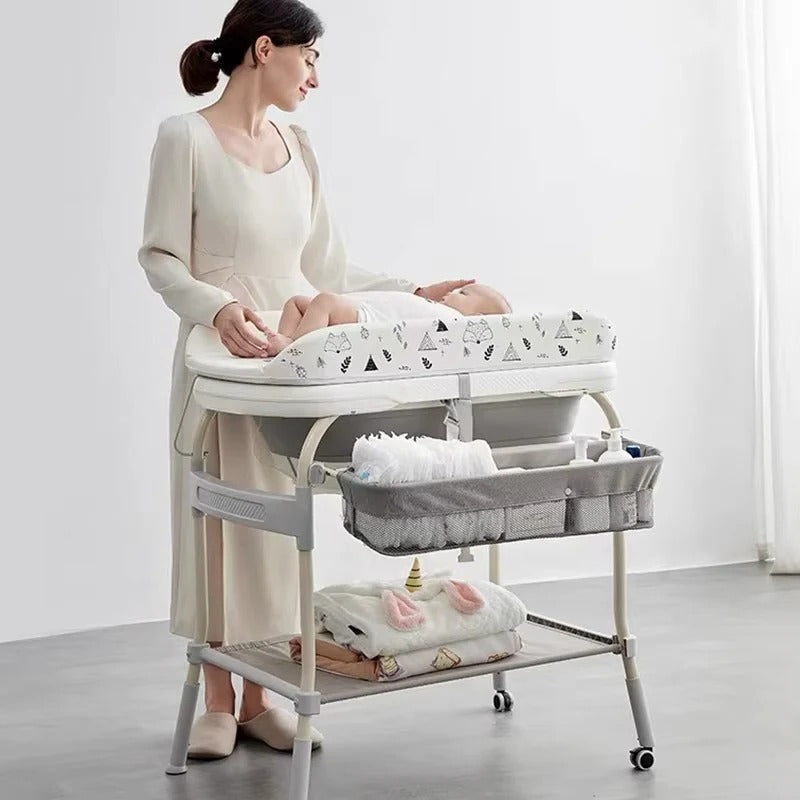 Foldable Baby Changing Table with Adjustable Height & Built-In Bath