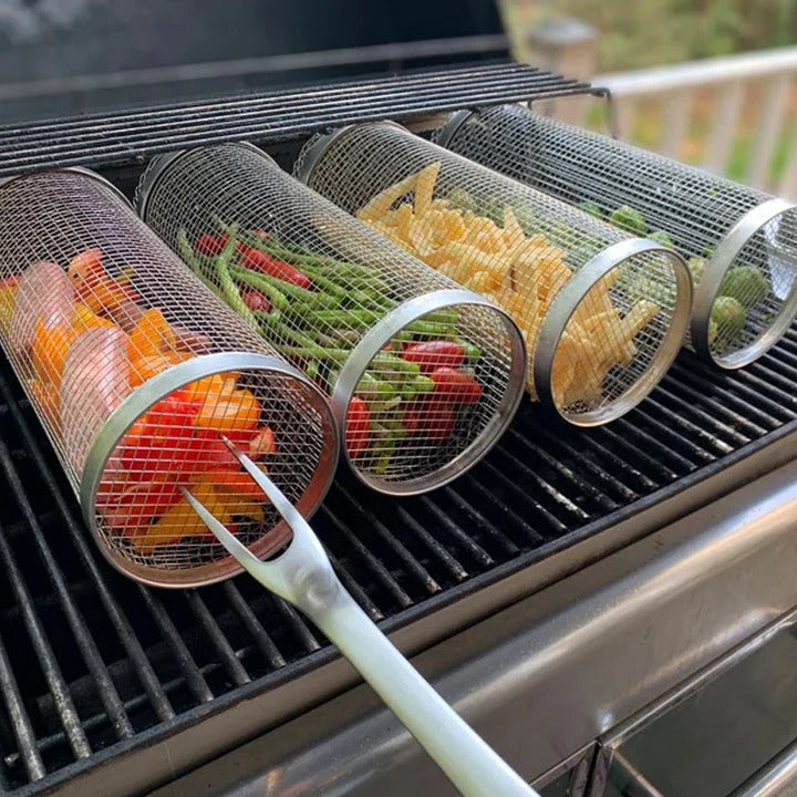 Rotating Rolling Barbecue Grill Basket With Locking Latch