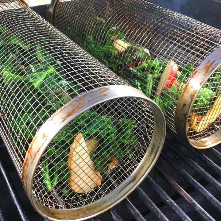 Rotating Rolling Barbecue Grill Basket With Locking Latch