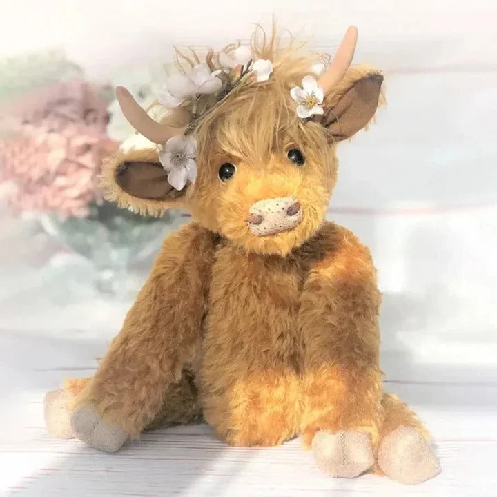 Highland Cow Plush with Floral Accent
