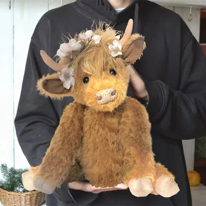 Highland Cow Plush with Floral Accent