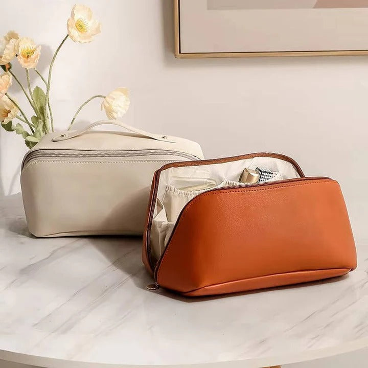 Makeup Organizer Pouch with PU Exterior and Wide Opening Design