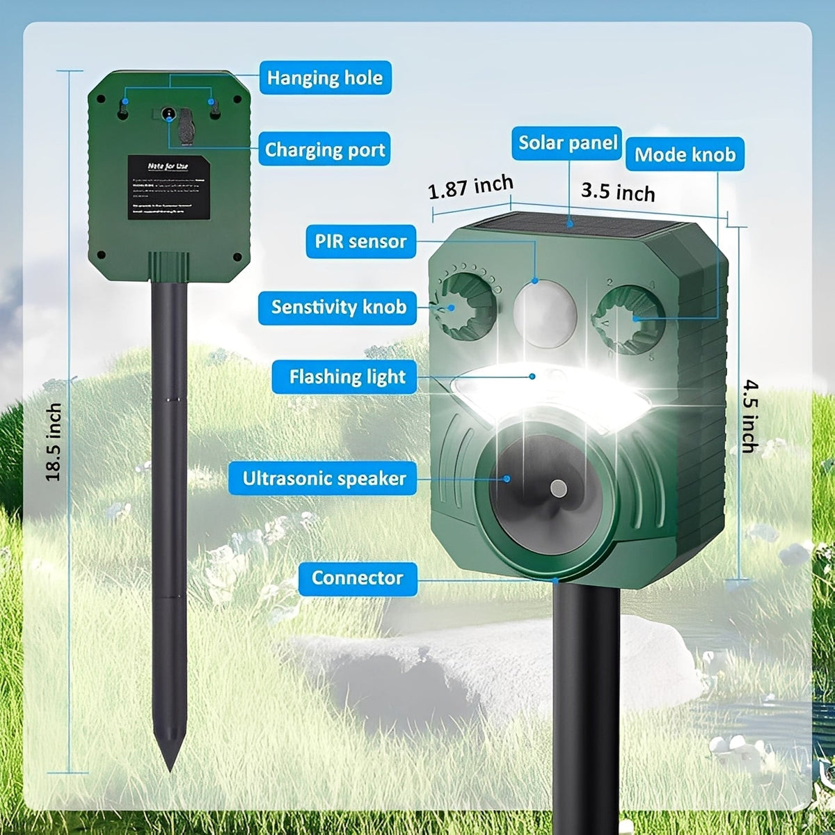 Outdoor Ultrasonic Pest Deterrent with Motion Sensor and Light, Set of 2