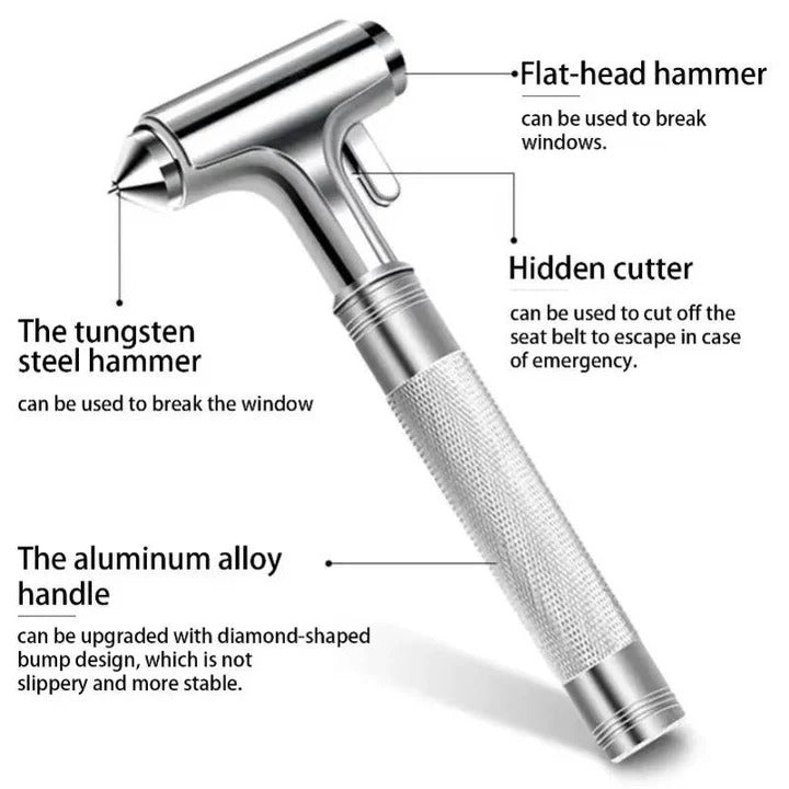 Car Safety Hammer with Tungsten Steel Tip and Seatbelt Cutter, Set of 3