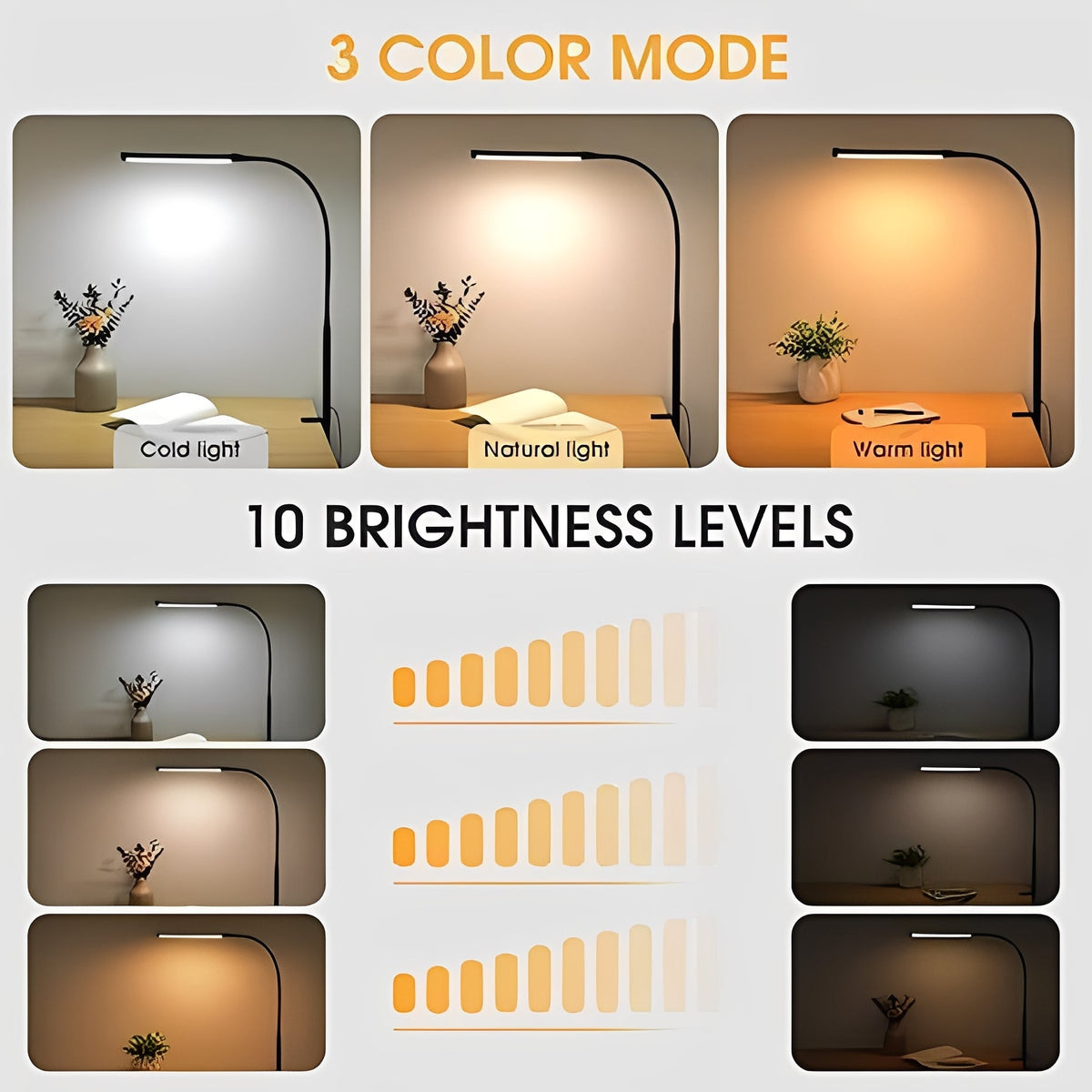LED Desk Lamp with Gooseneck Clamp and 3 Light Settings