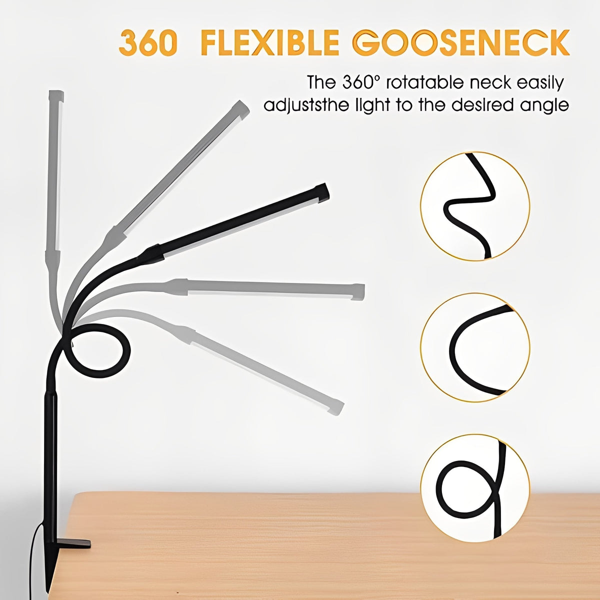 LED Desk Lamp with Gooseneck Clamp and 3 Light Settings