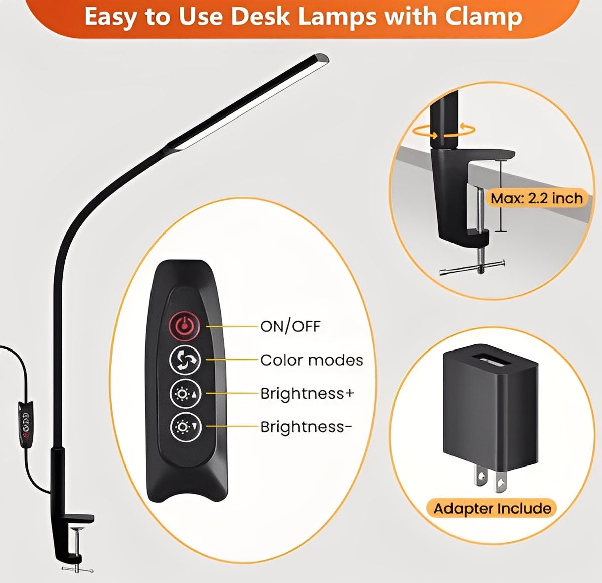 LED Desk Lamp with Gooseneck Clamp and 3 Light Settings