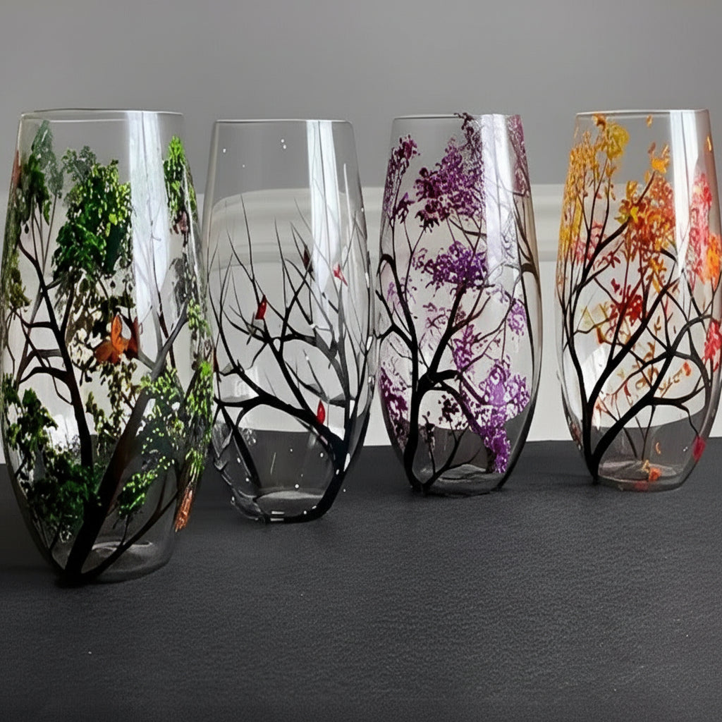 Four Seasons Tree Painted Wine Glass