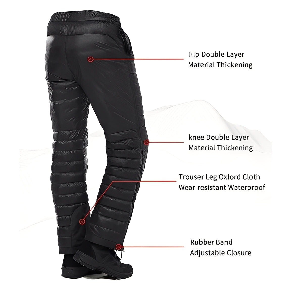 Goose Down Insulated Pants with Adjustable Waist and Zippers
