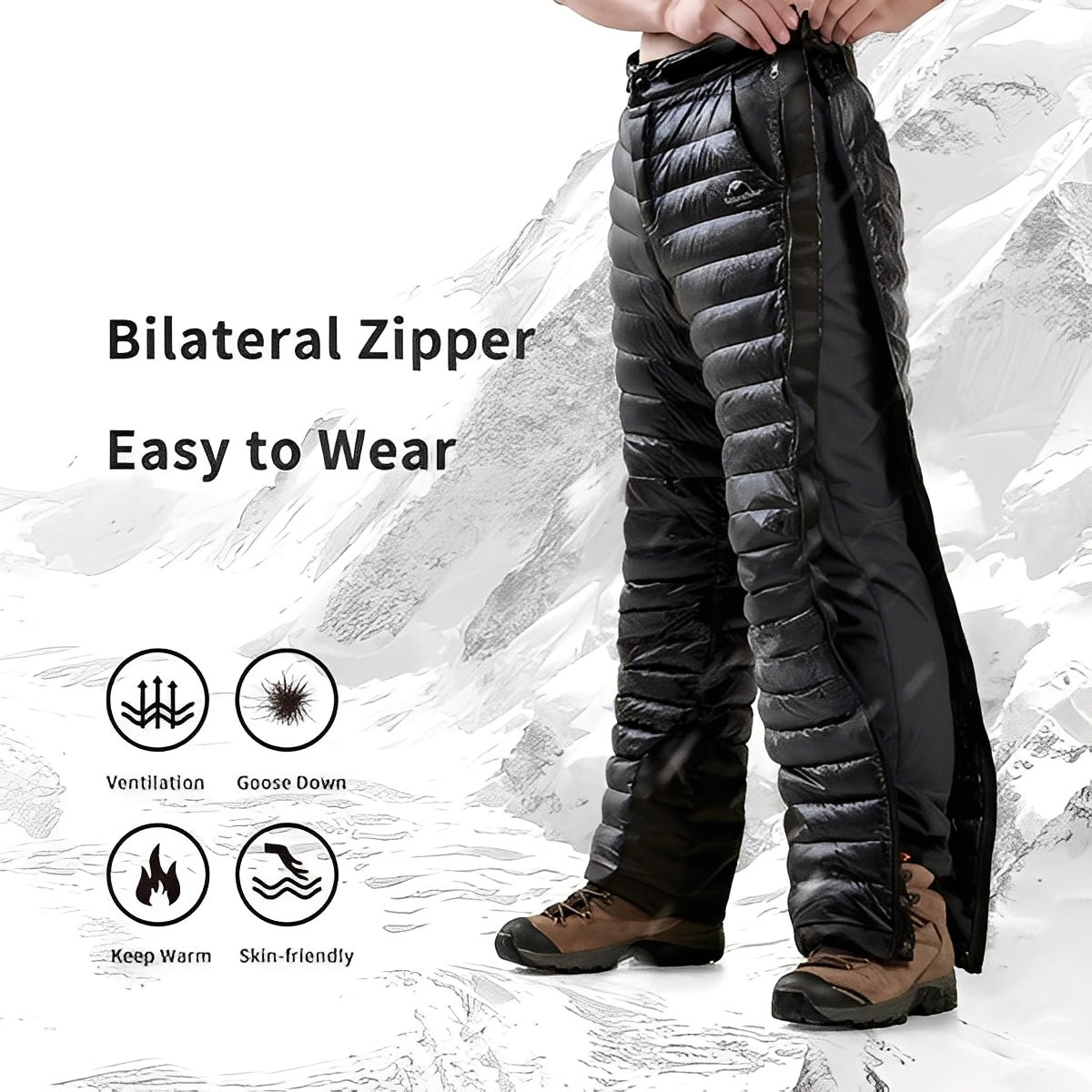Goose Down Insulated Pants with Adjustable Waist and Zippers