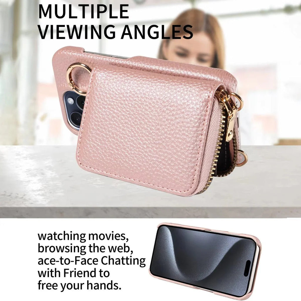 Leather Wallet Case for iPhone with Card Slots and Zipper Closure