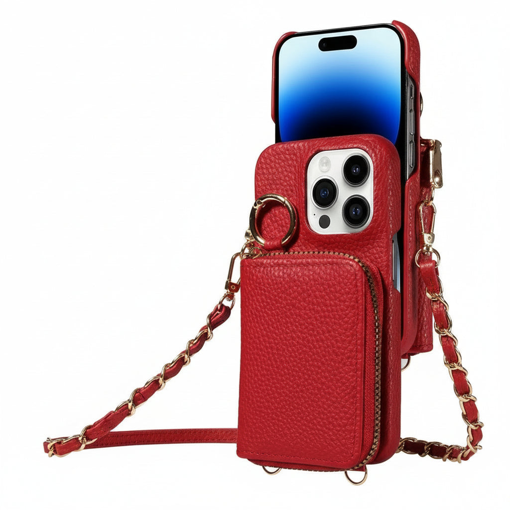 Leather Wallet Case for iPhone with Card Slots and Zipper Closure
