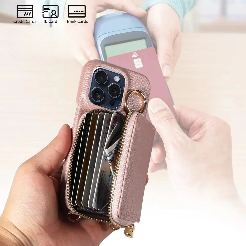 Leather Wallet Case for iPhone with Card Slots and Zipper Closure