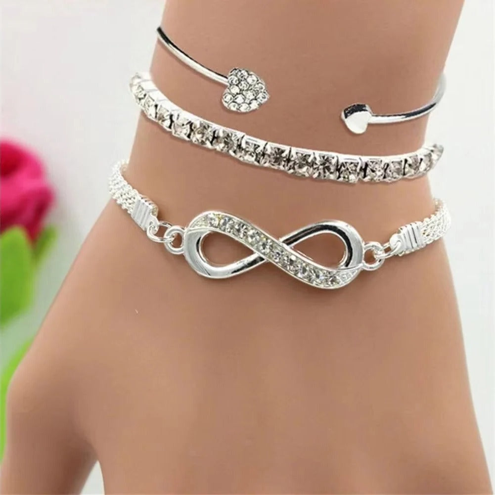 Rhinestone Bracelet Set, 3 Pieces Heart and Infinity Charms for Women