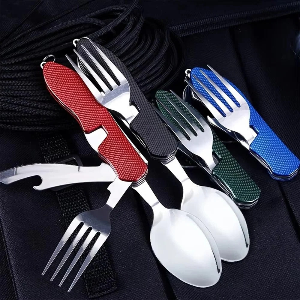 Reusable 4-in-1 Compact Utensil Set for Camping Fork Spoon Knife and Opener