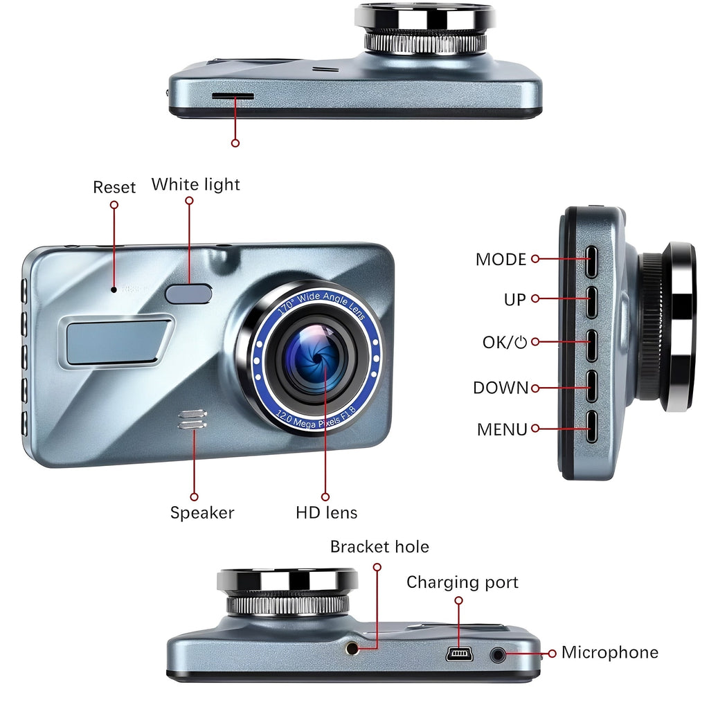 Front and Rear Dual Lens Dash Cam with 4 Inch Display