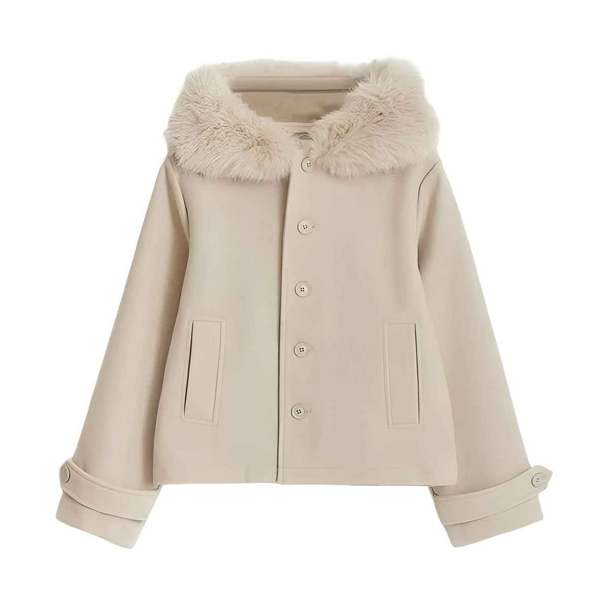 Women’s Wool Blend Coat with Removable Fur Collar and Button Closure