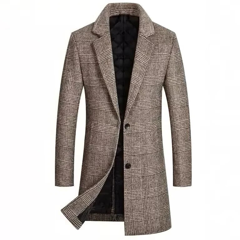 Men's Plaid Wool Coat with Cotton Padding and Lapel Collar