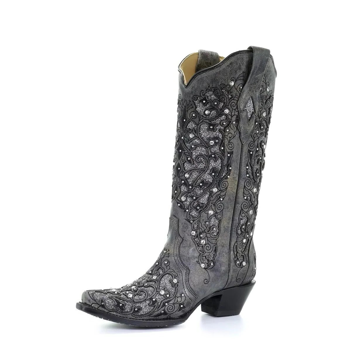 Sequined Embroidered Pointed Toe Boots with Color Block Heel Design