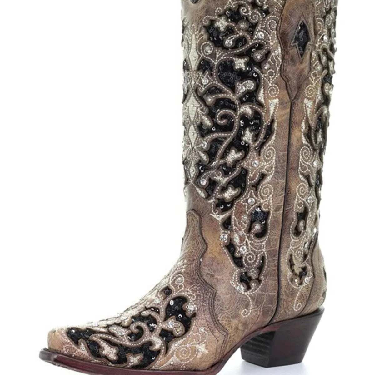 Sequined Embroidered Pointed Toe Boots with Color Block Heel Design