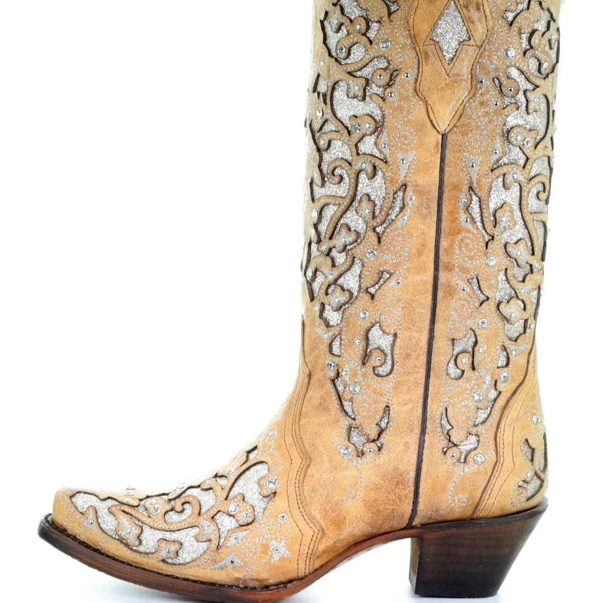 Sequined Embroidered Pointed Toe Boots with Color Block Heel Design