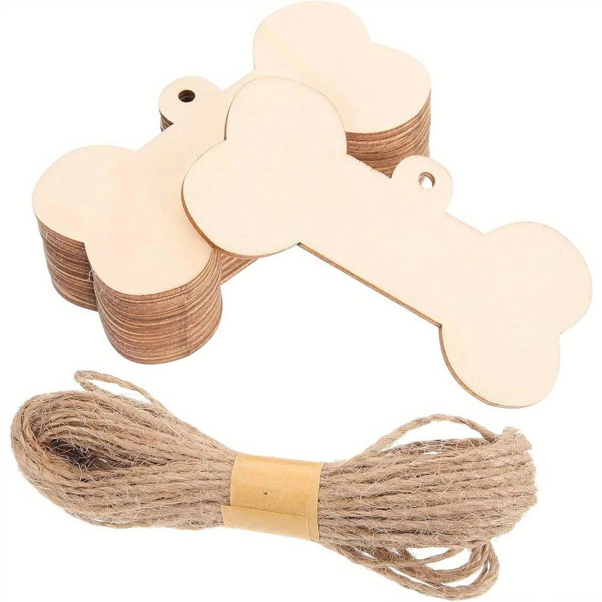 Wooden Dog Bone Craft Tags Set with Rope
