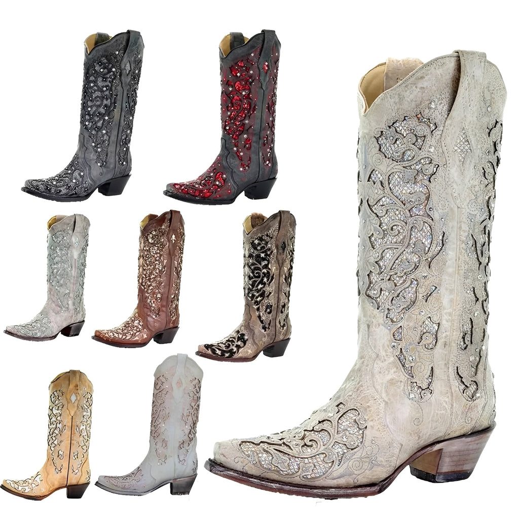 Embroidered Knee High Boots with Sequin Detail and Pointed Toe