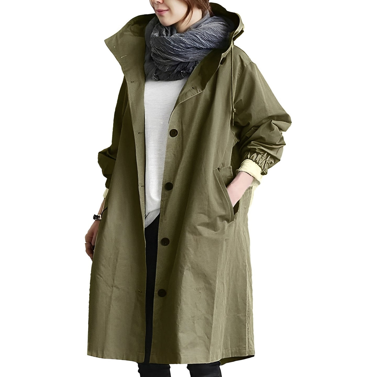 Women’s Long Hooded Raincoat, Waterproof Coat with Adjustable Waist Belt