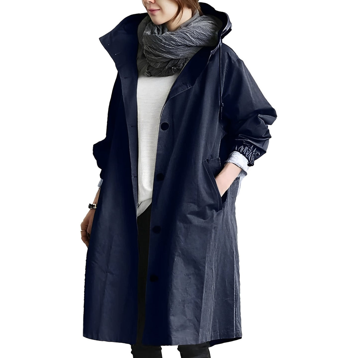 Women’s Long Hooded Raincoat, Waterproof Coat with Adjustable Waist Belt