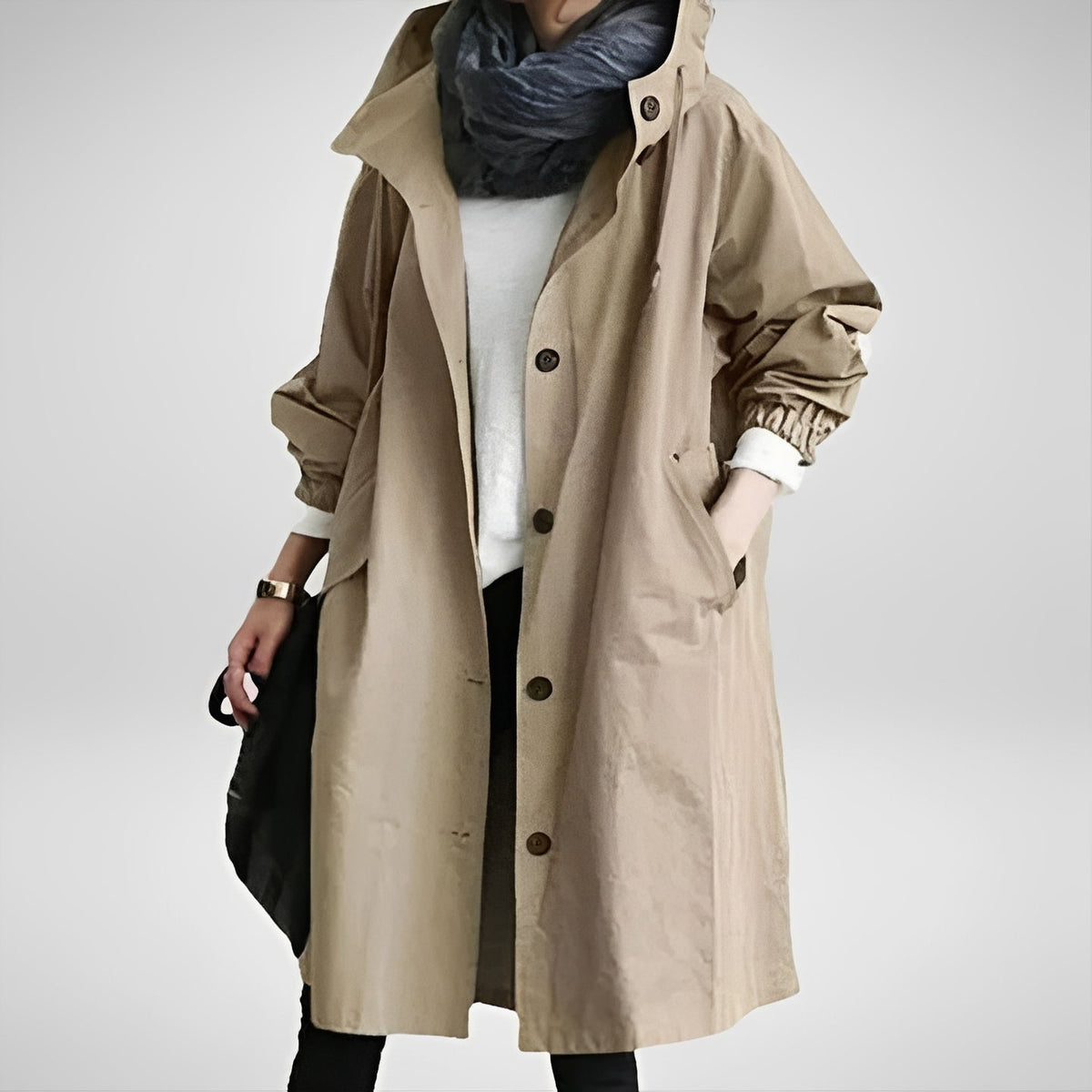 Women’s Long Hooded Raincoat, Waterproof Coat with Adjustable Waist Belt