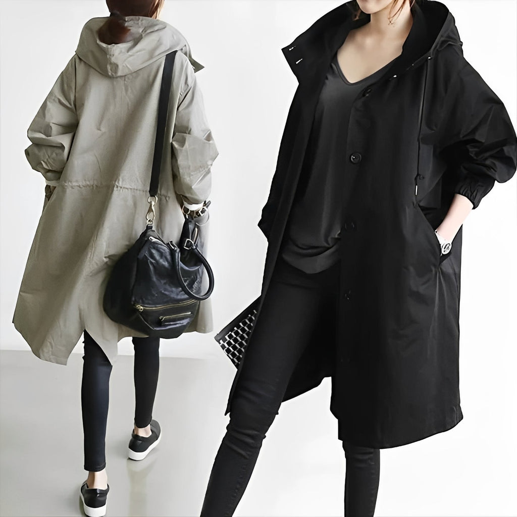 Women’s Long Hooded Raincoat, Waterproof Coat with Adjustable Waist Belt