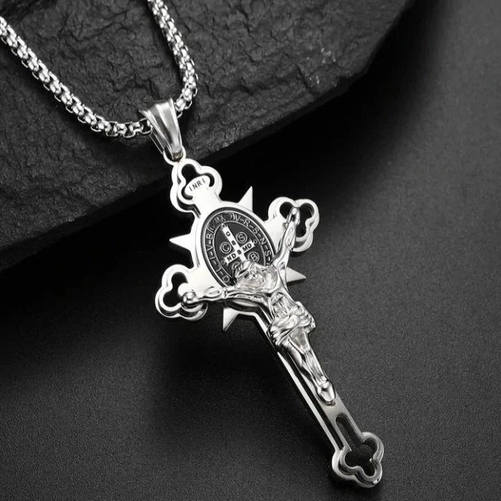 Celtic Cross Pendant Necklace, Double Sided Engraved Medal with Metal Chain