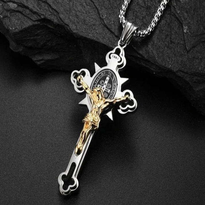 Celtic Cross Pendant Necklace, Double Sided Engraved Medal with Metal Chain