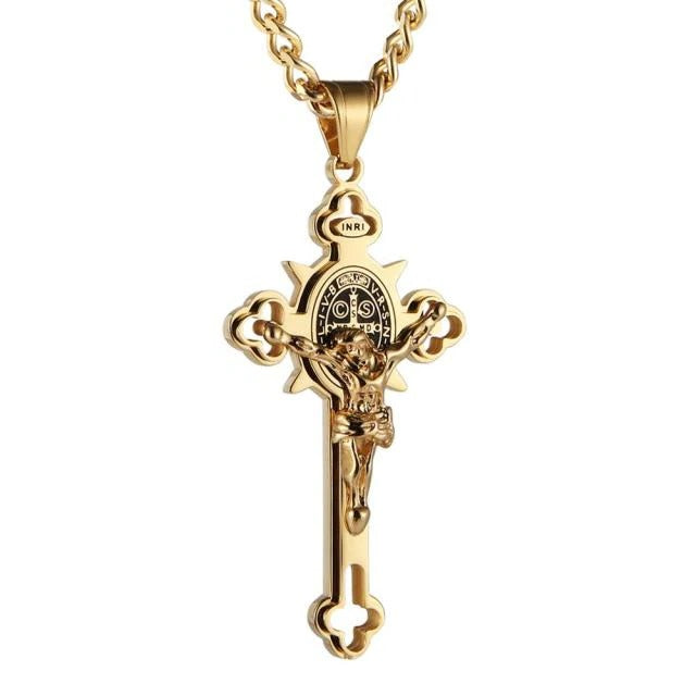 Celtic Cross Pendant Necklace, Double Sided Engraved Medal with Metal Chain
