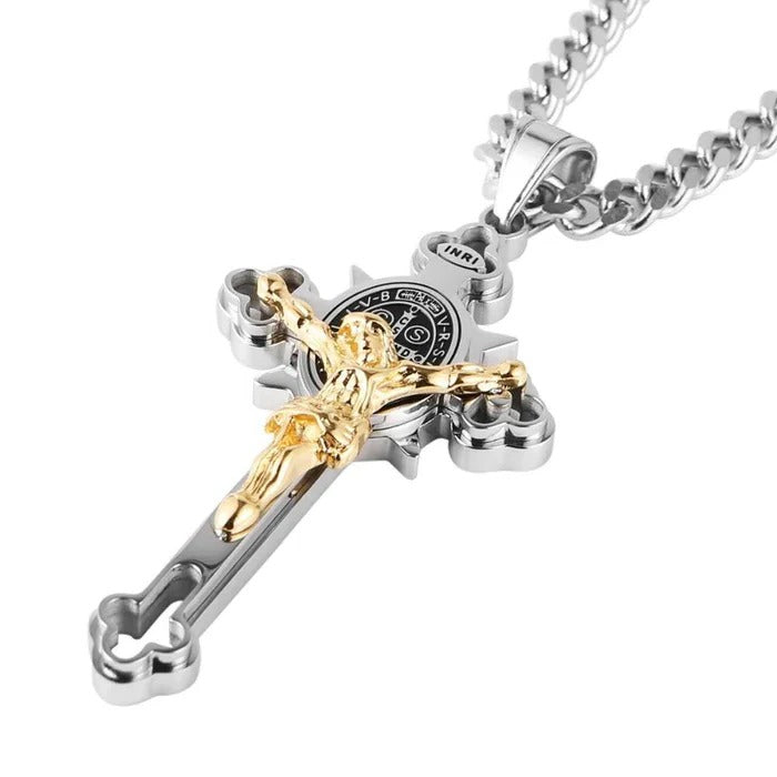 Celtic Cross Pendant Necklace, Double Sided Engraved Medal with Metal Chain