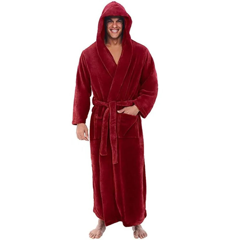 Hooded Men's Fleece Bathrobe with Plush Pockets