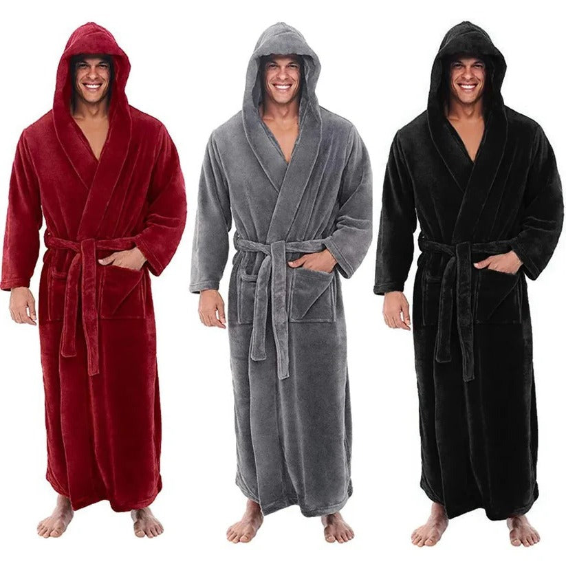 Hooded Men's Fleece Bathrobe with Plush Pockets