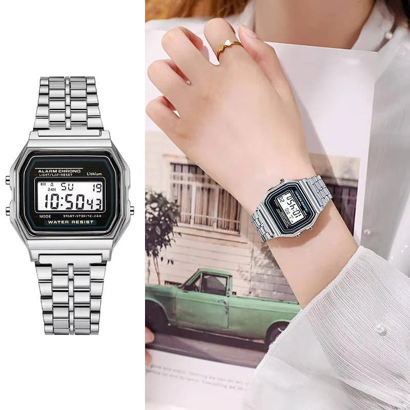 Vintage Style Unisex Digital Watch with Stainless Steel Band and LED Display