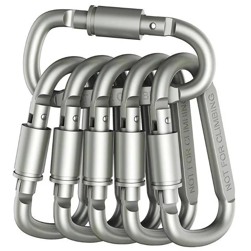 Aluminum D-Shape Carabiner Clips with Screw Lock, Set of 6
