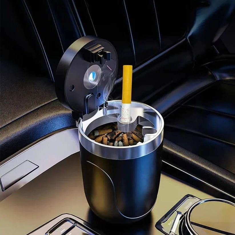 Portable Cup Holder Ashtray with LED Light, Lidded and Odor Resistant Design