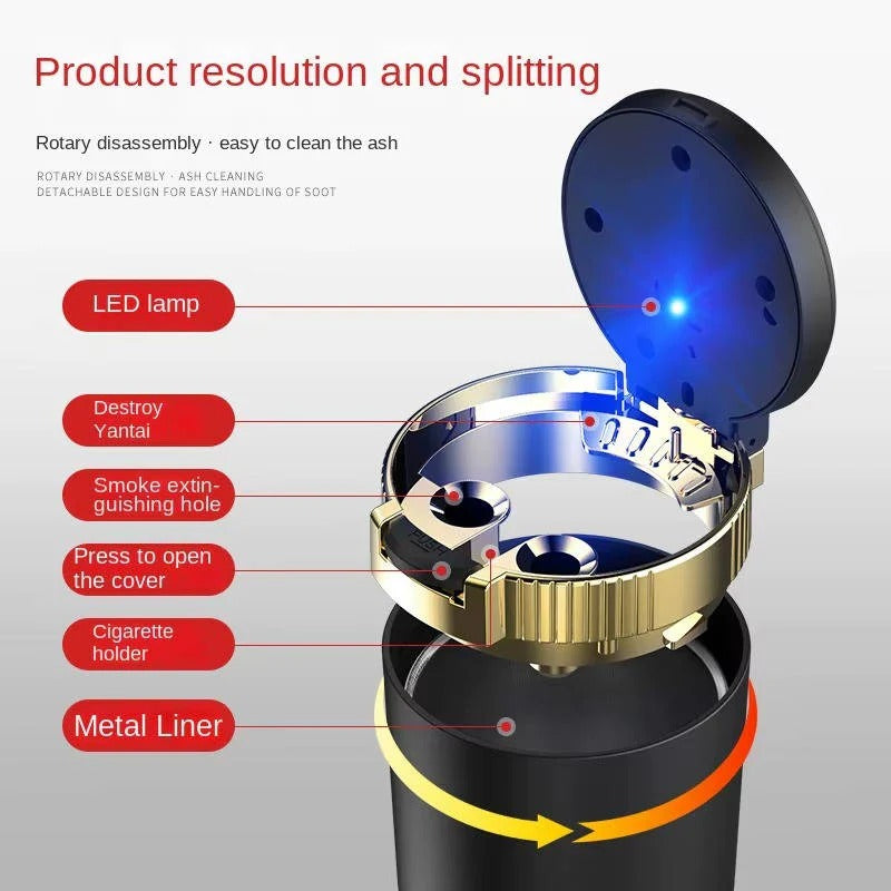 Portable Cup Holder Ashtray with LED Light, Lidded and Odor Resistant Design