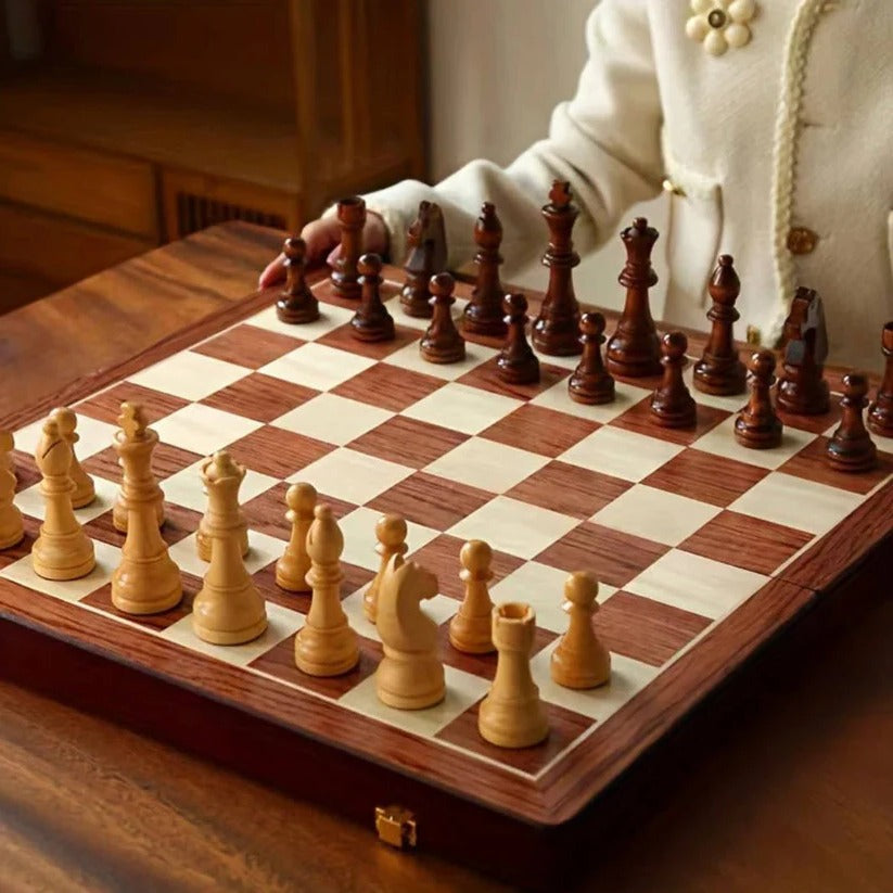 Folding Walnut Wood Chess Board Set with Handcrafted Weighted Pieces