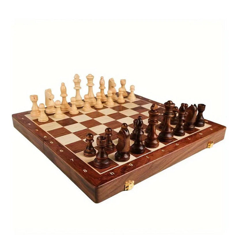 Folding Walnut Wood Chess Board Set with Handcrafted Weighted Pieces